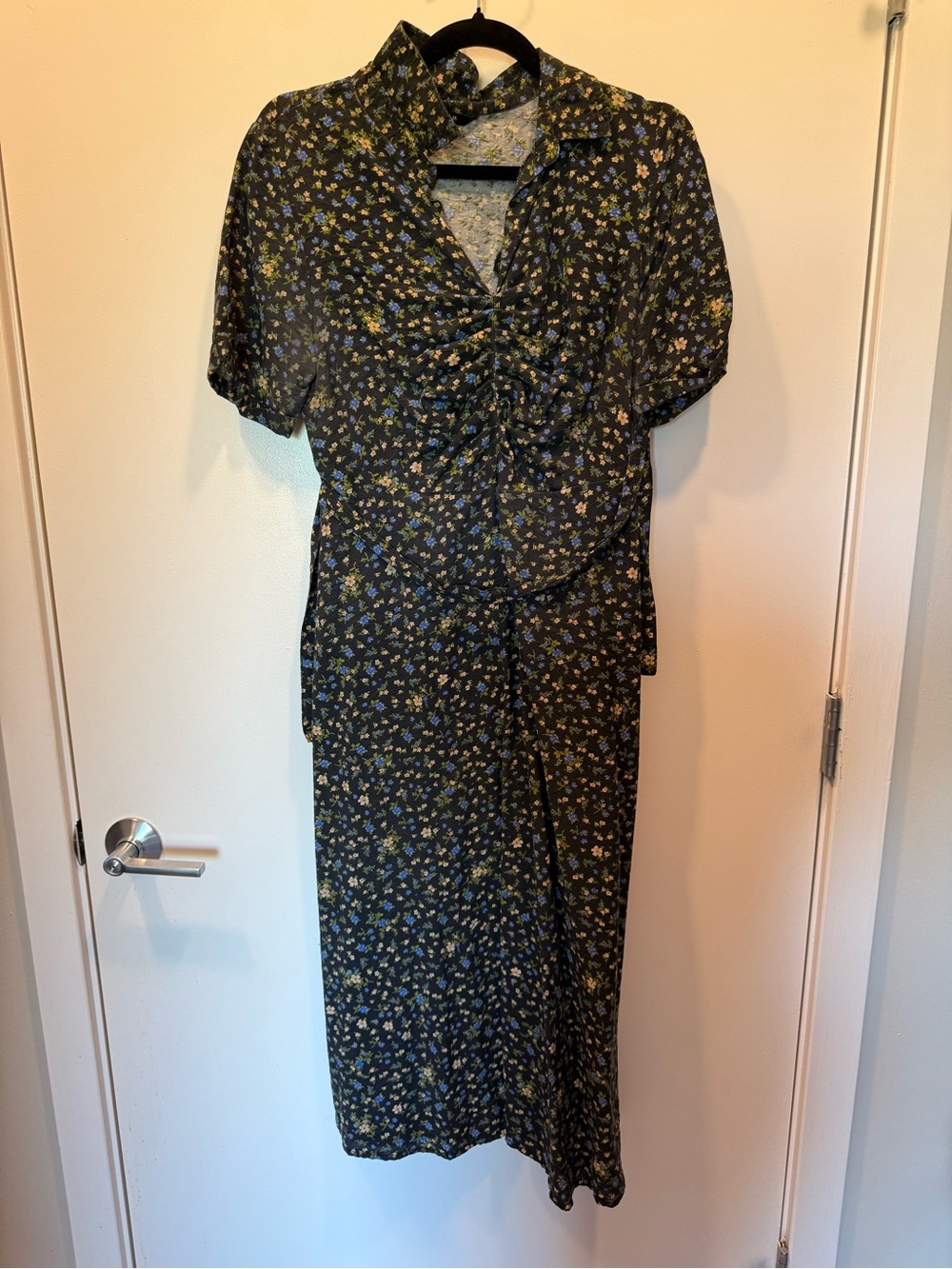 Black Floral Midi Dress with Yellow & Blue Print